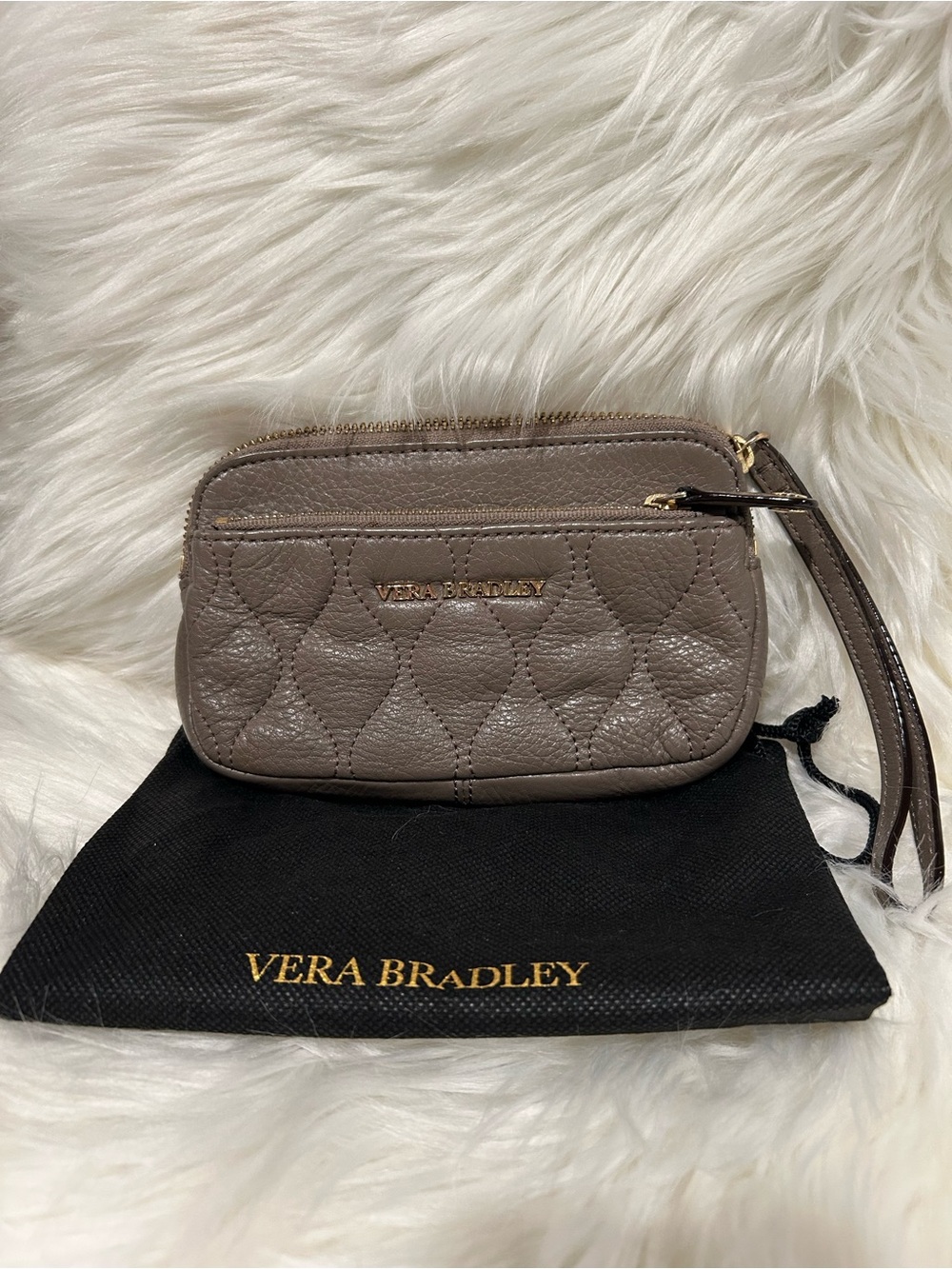 Vera Bradley Quilted Taupe Leather Wristlet with Gold Hardware